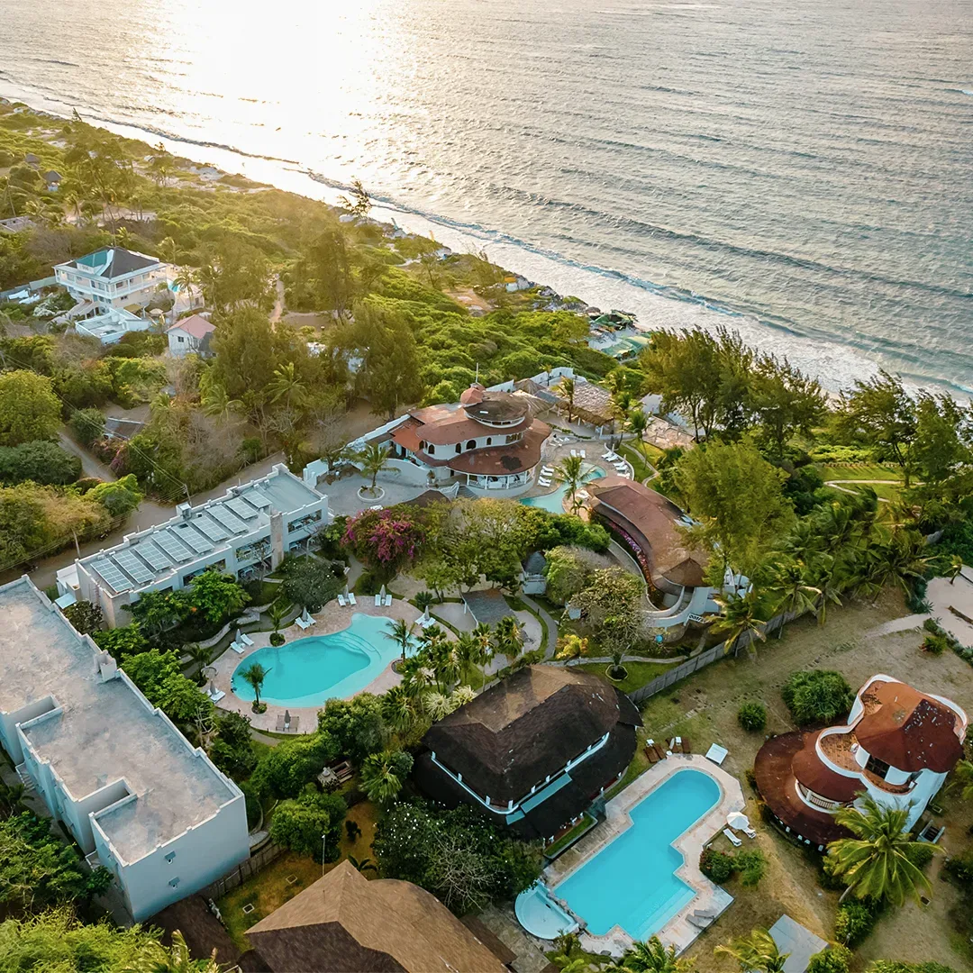 Aerial view of Kobe Suite Resort overlooking the Indian Ocean in Watamu, Kenya