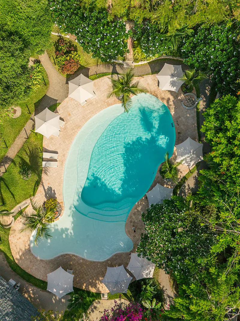Aerial view of a swimming pool surrounded by lush tropical gardens at Kobe Suite Resort
