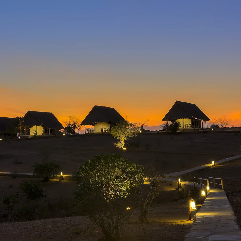 Kudu Safari Camp tents and walkway at sunset in the African wilderness