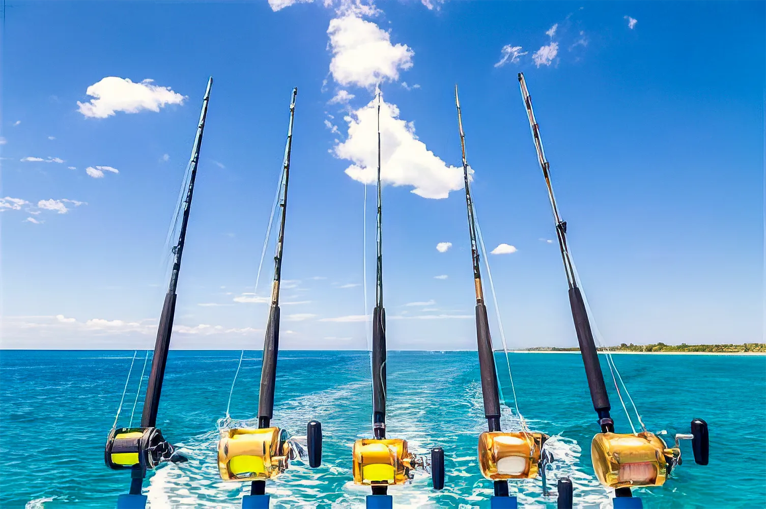 Sport fishing rods on a boat in the turquoise waters of Watamu
